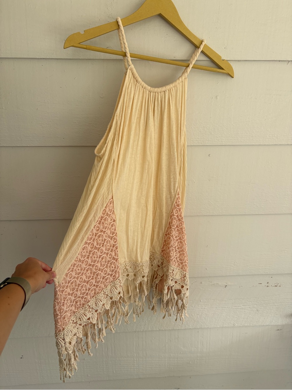 Free People Cream Lace Fringe Tank Top Size L Boho Festival Tunic